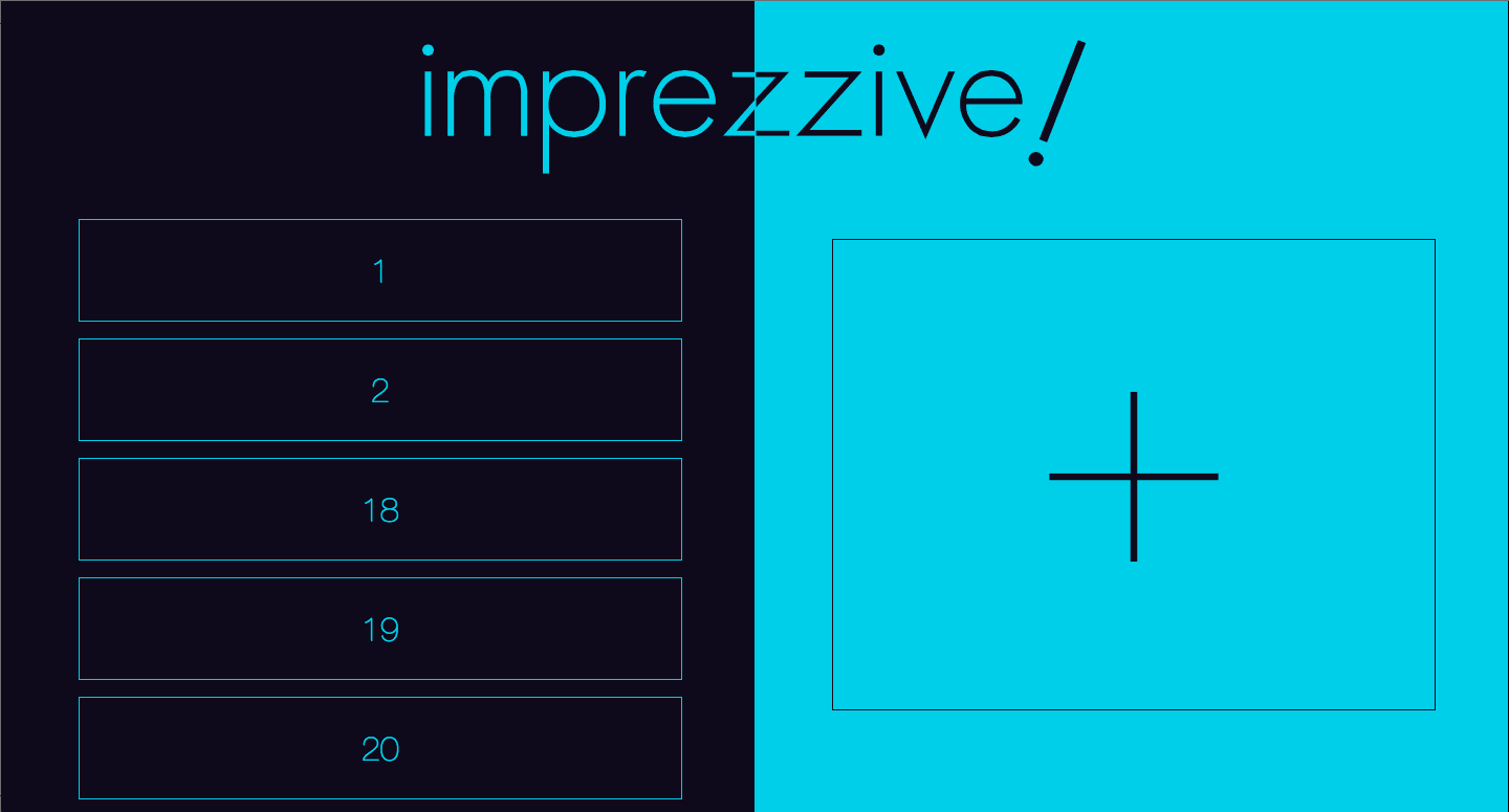 The main screen of a pressentation app. Dark grey on the left, electric blue on the right. Titled Imprezzive